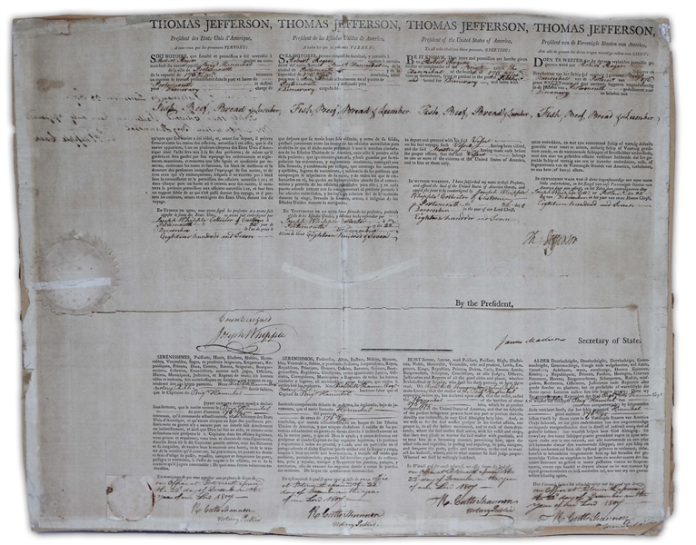 Thomas Jefferson & James Madison Signed Four-Language Ship's Papers -- Jefferson Signs as President & Madison as Secretary of State